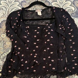 Black Sheer Floral Blouse with Pink Accents
